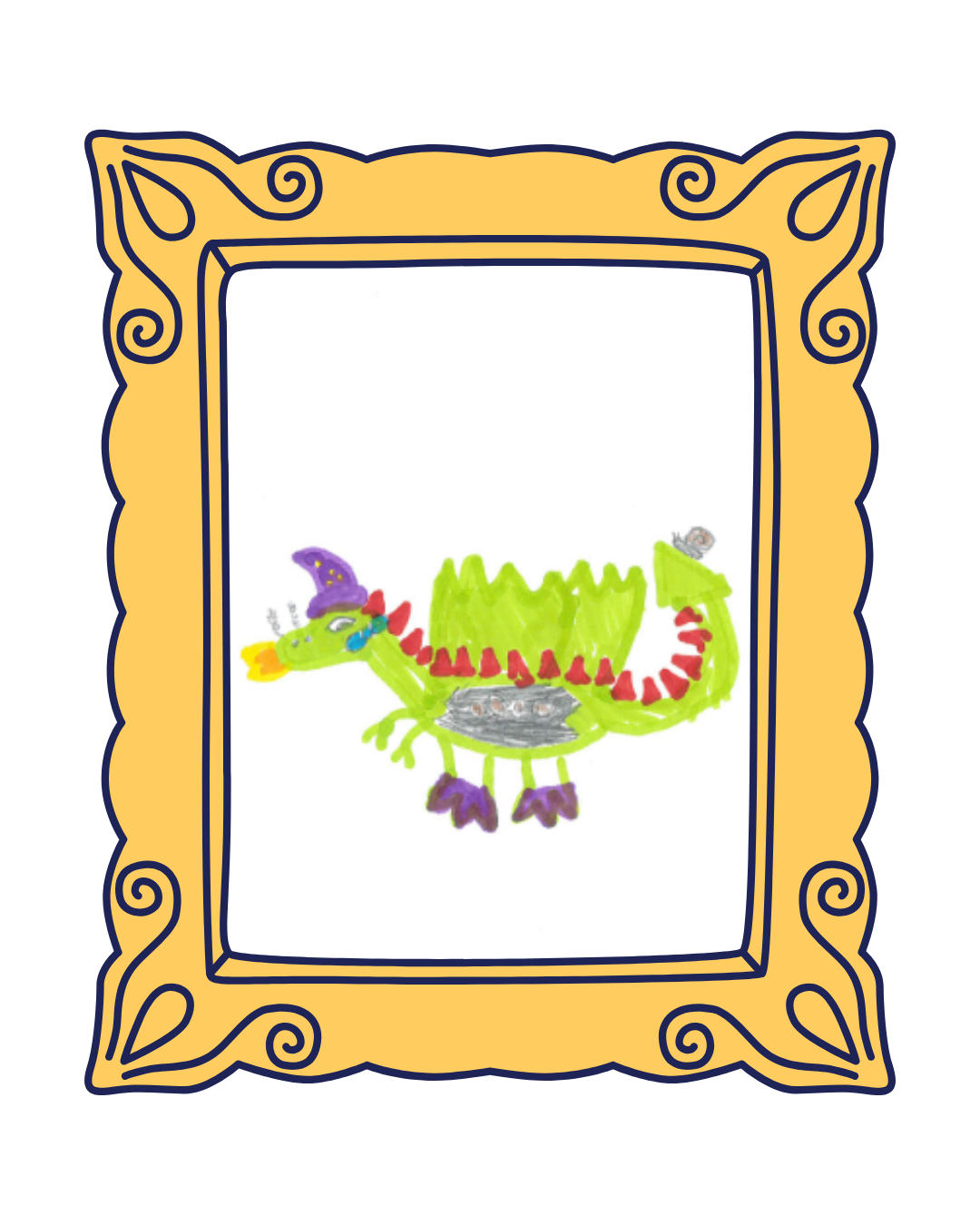 The winning drawing: a bright green dragon wearing a purple wizard hat and breathing fire, presented in a gold frame — designed by a pupil at Dunraven Primary School
