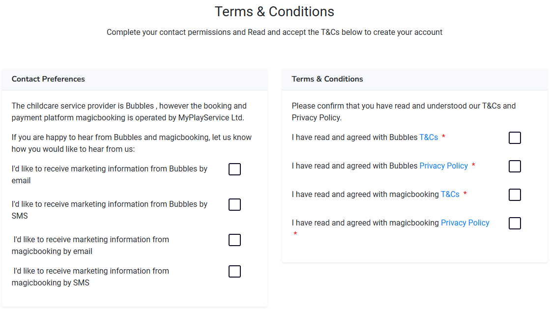 Screenshot of the contact permission and terms and conditions acceptance step in the MagicBooking parent registration form