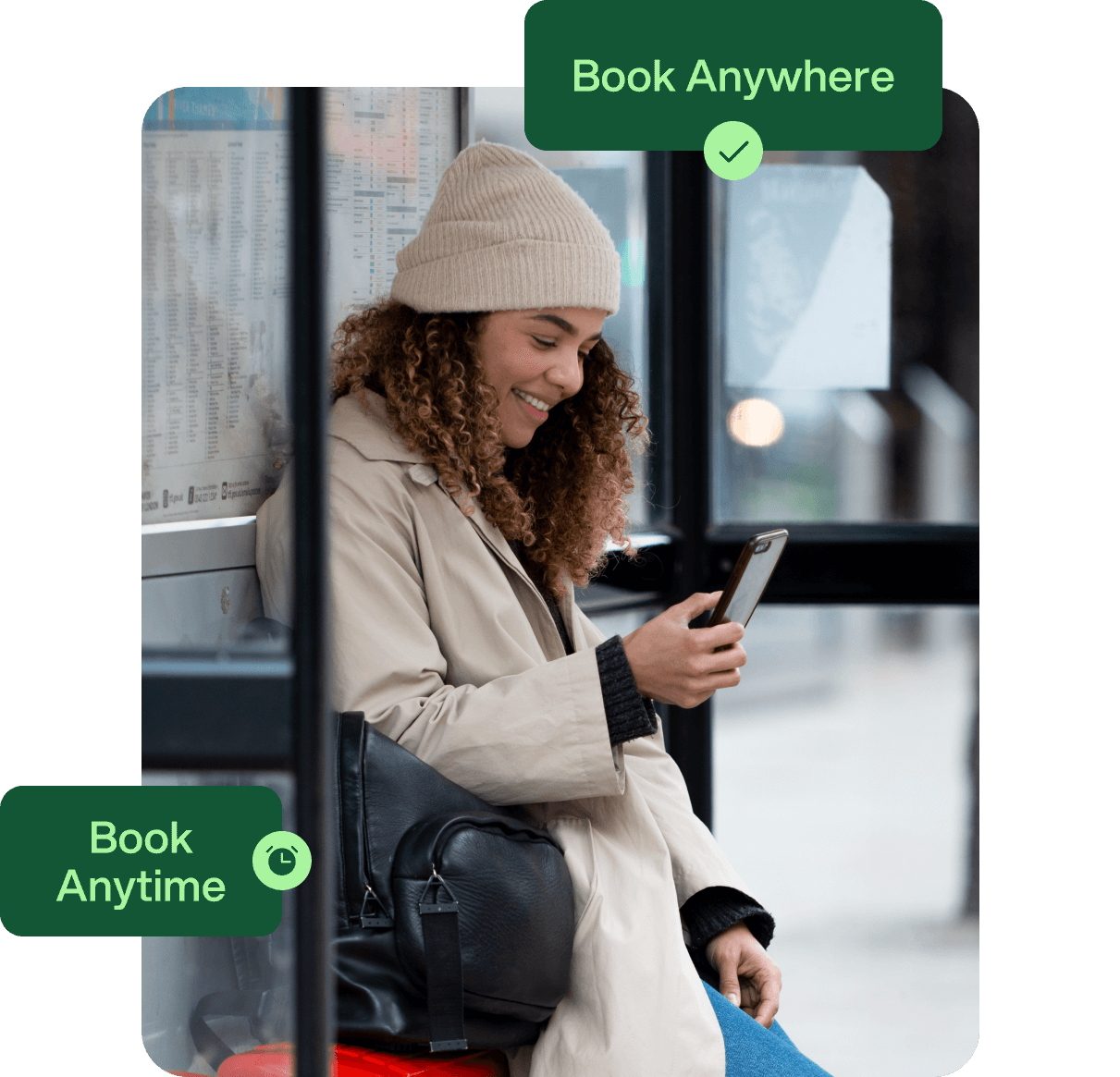 A person in a beige coat looks at their phone with a smile at a bus stop, reflecting parent satisfaction and being able to book activities anywhere. Text reads 'Book anytime' and 'Book anywhere'.