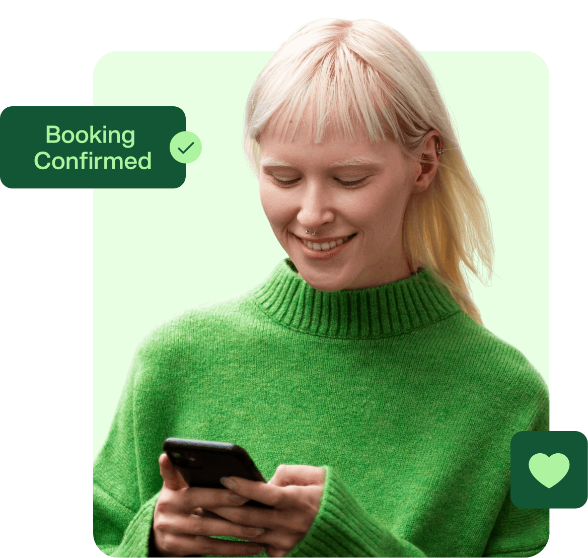 A person in a green sweater looks at their phone with a smile, reflecting parent satisfaction. Text reads 'Booking Confirmed' with a checkmark.